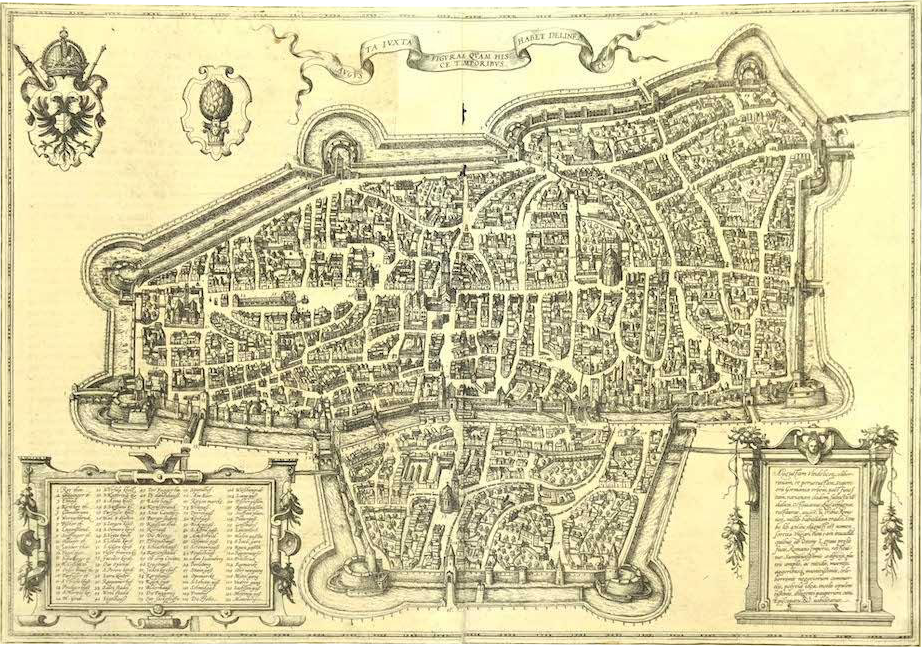 Augsburg als Radierung von Franz Hogenberg aus dem späten 16. Jahrhundert